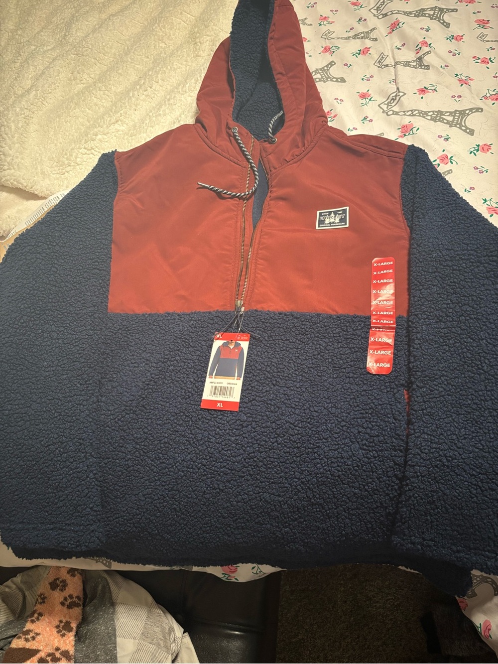 Hurley Two-Tone Hooded Sherpa Pullover — Navy & Rust Red